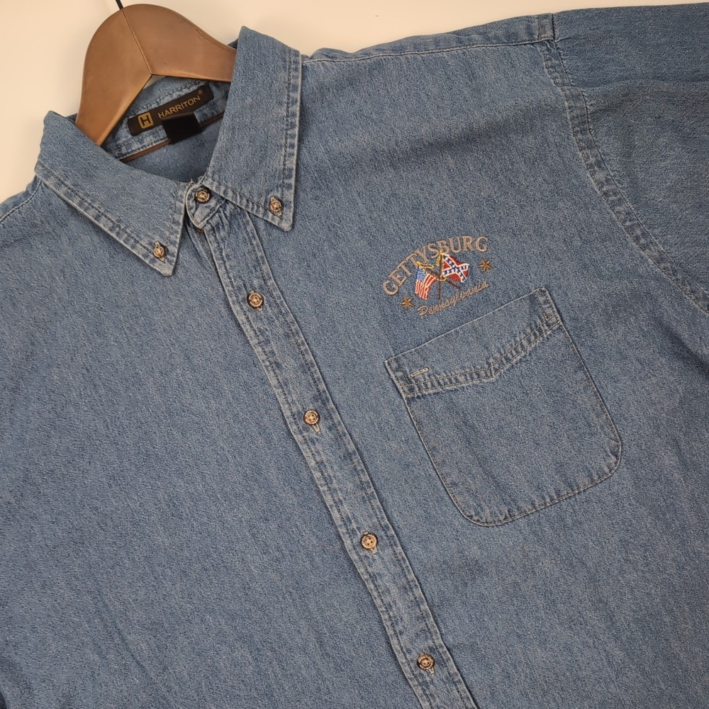 Harriton Mens 3XL Blue Denim Short Sleeve Gettysburg Pennsylvania Shirt M550S